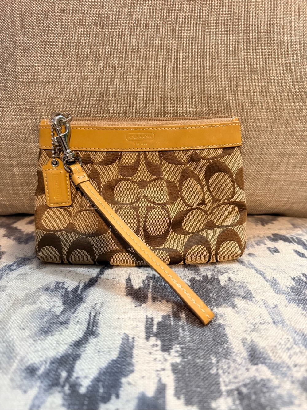 Coach Monogram Signature Wristlet in Brown and Yellow